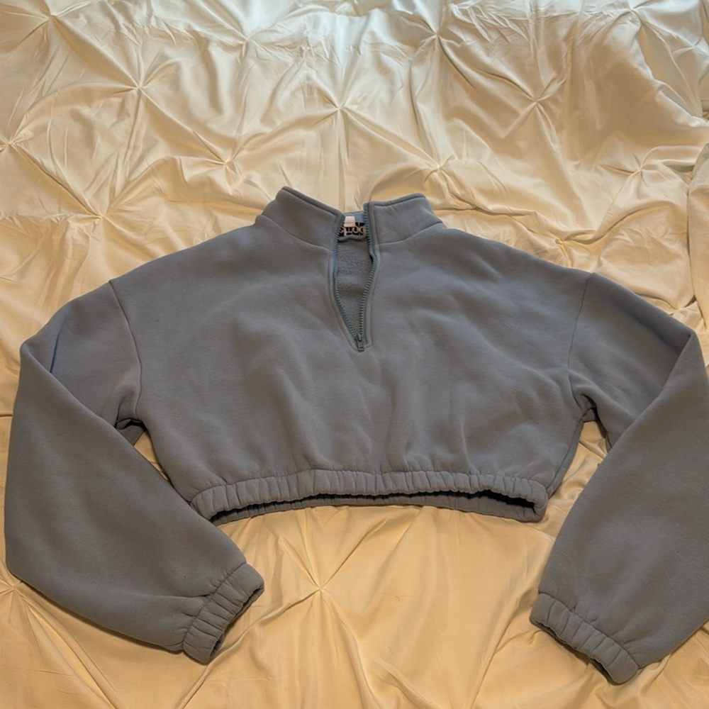 TIC TOC Women Fleece Cropped Pullover Half Zip Up Sweatshirt With Elastic Hems